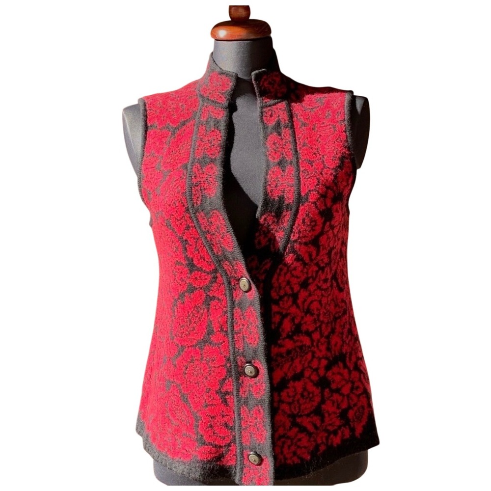 (B5) Coldwater Creek Wool Vest Red Black Floral Damask Mock Neck Button Front L